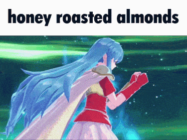 a picture of a girl with blue hair and the words honey roasted almonds above her