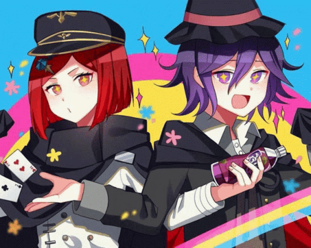 two anime characters standing next to each other with one holding a bottle of soda