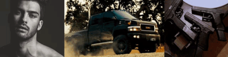 a shirtless man a truck and a gun are shown