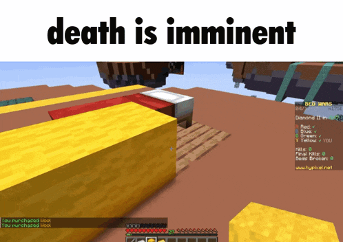 a screenshot of a minecraft game with the text death is imminent
