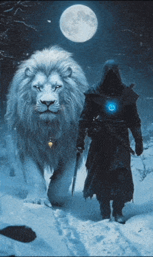 a man with a sword is standing next to a white lion