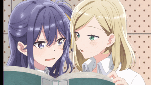 two anime girls are looking at a book and one has purple hair