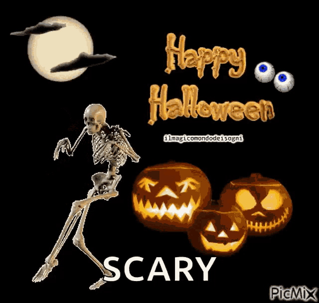 a picture of a skeleton and pumpkins that says happy halloween scary on it
