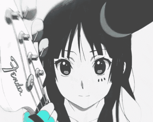 a black and white drawing of a girl holding a guitar in front of a yamaha drum set