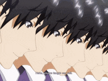 three anime characters are lined up and one of them is saying " heh you 've taught me well "