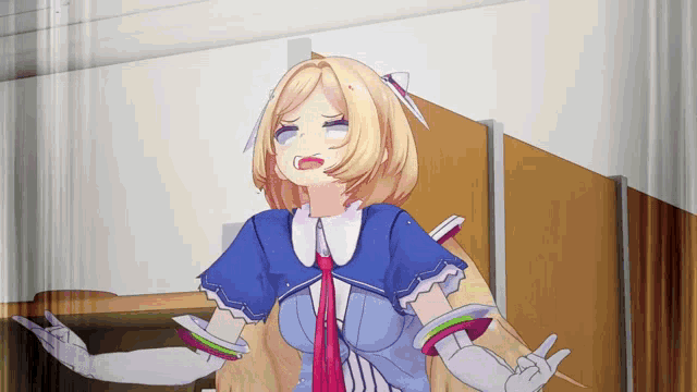 a girl in a blue and white outfit is standing in a room with her arms outstretched