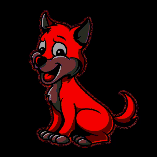 a cartoon drawing of a red dog with its tongue out on a black background