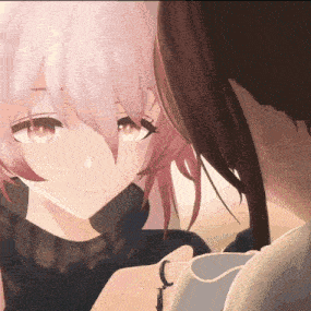 a close up of a girl with pink hair looking at a man 's face