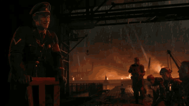 a man in a military uniform is carrying a wooden chair