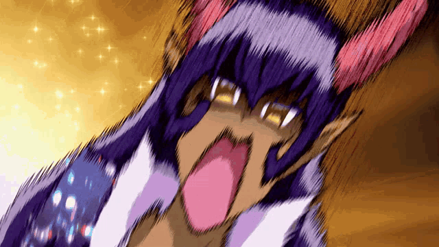 a cartoon of a woman with purple hair and horns