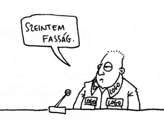 a cartoon of a man talking into a microphone with a speech bubble that says ' szeintem fassag