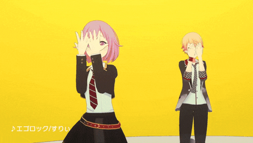 a group of anime characters are dancing in front of a yellow backdrop