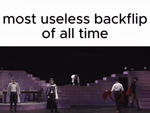 a group of people on a stage with the words " most useless backflip of all time " above them
