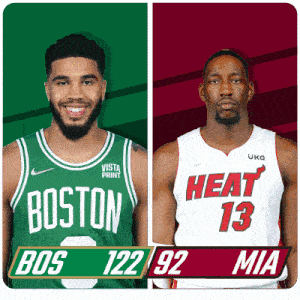 two basketball players wearing boston and heat jerseys