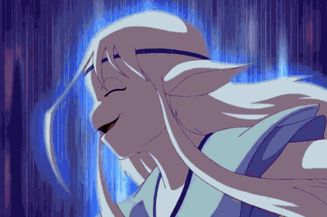 a drawing of a woman with long white hair and a blue background