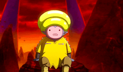 a cartoon character is sitting on a rock wearing a yellow outfit
