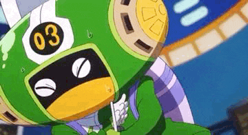 a cartoon character is wearing a green helmet with a number on it .