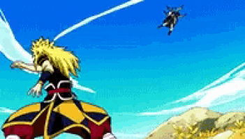 a cartoon character is standing in front of a blue sky with a helicopter flying in the background .