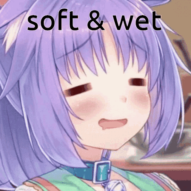 a girl with purple hair is making a face with the words soft & wet above her