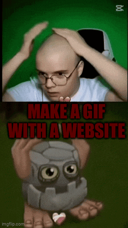 a man with glasses holds his head and says make a gif with a website in red letters