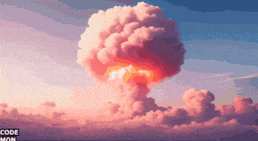 a pixel art of a nuclear explosion with the words code mon underneath it