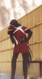 a person in a red costume is standing in front of a wooden wall .