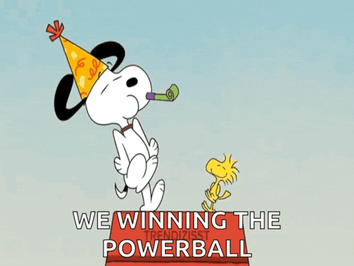 a cartoon of snoopy wearing a party hat with the words we winning the powerball