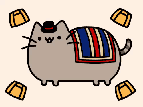 a cartoon cat wearing a top hat and a blanket on its back