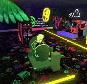 a cartoon character is sitting in a chair in a room with neon lights
