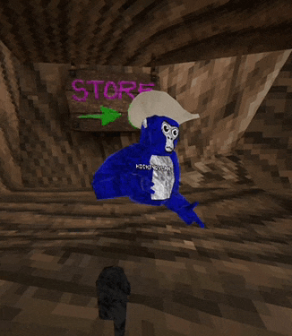a blue gorilla is standing in front of a store sign