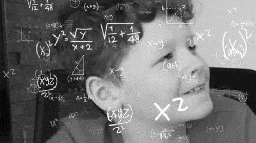 a boy is surrounded by mathematical equations including x2