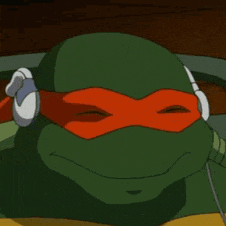 a teenage mutant ninja turtle wearing headphones and smiling