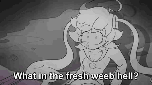 a black and white drawing of a girl with the words " what in the fresh weeb hell " below her