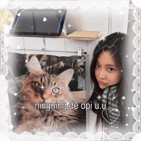 a picture of a girl and a cat with the words ningning de opi u.u