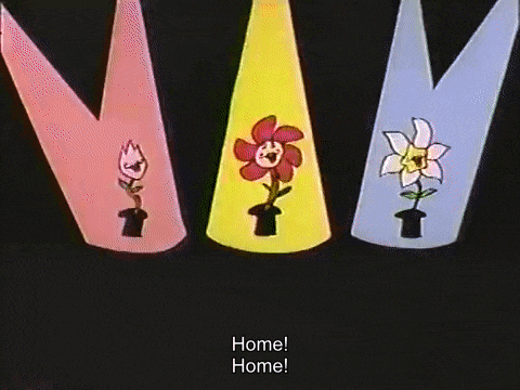 a cartoon scene with flowers and the words " home home "