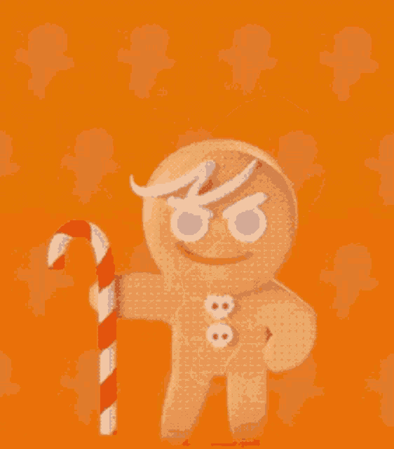 a gingerbread man is holding a candy cane in front of an orange background