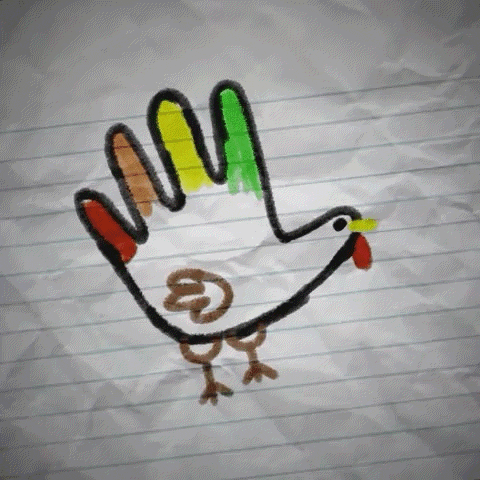 a child 's drawing of a turkey with a hand on it