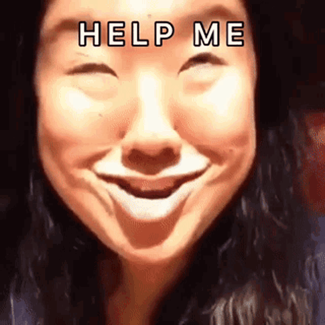 a woman is making a funny face with the words help me written on her face .