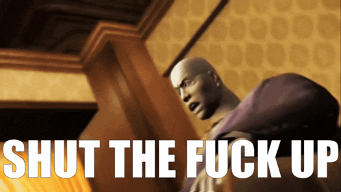 a man is standing in a room with the words shut the fuck up below him