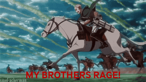 a man riding a horse with the words " my brothers rage " behind him