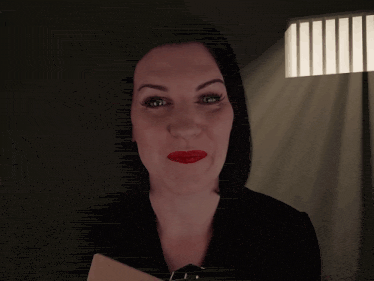 a woman in a dark room with the words " how long have you been possessed " above her