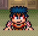 a pixel art drawing of a boy with blue hair