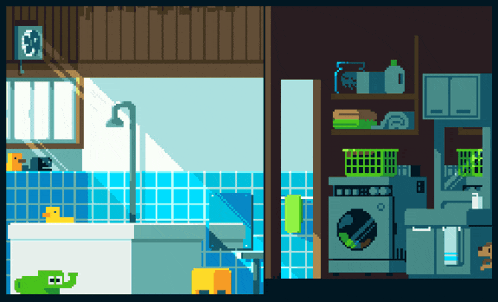 a pixel art drawing of a bathroom with a washing machine