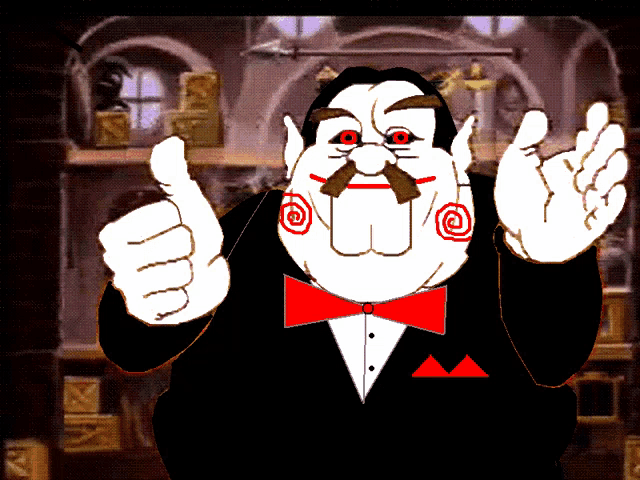 a cartoon of a man in a tuxedo and red bow tie giving a thumbs up