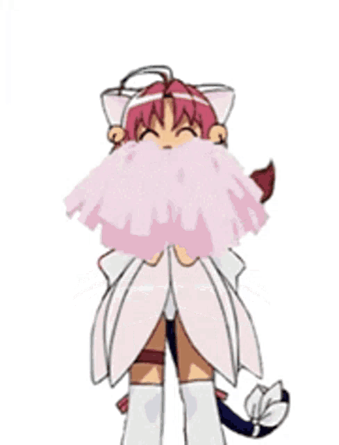 a cartoon character with pink hair and a cat tail
