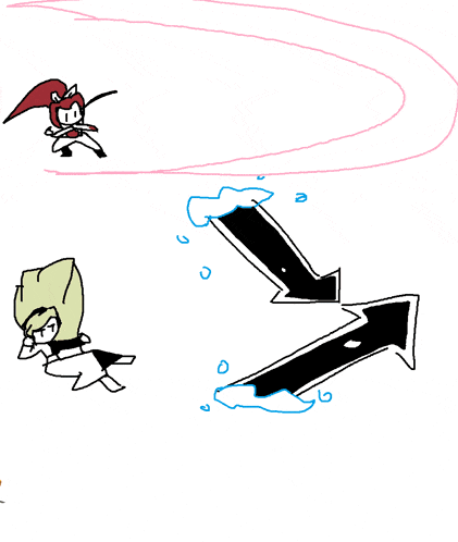 a drawing of a girl holding a sword with arrows pointing up and down