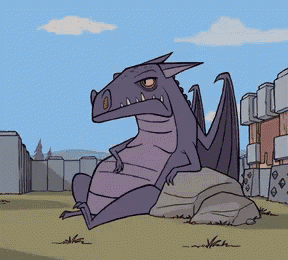 a purple dragon is sitting on a rock in a cartoon