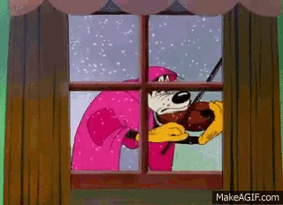 a cartoon dog is playing a violin in a window
