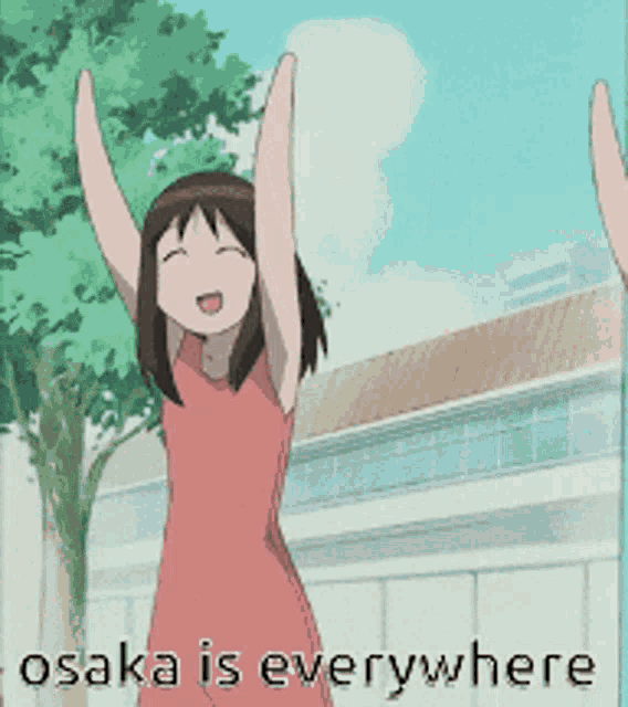 a girl in a red dress with her arms in the air and the words osaka is everywhere below her