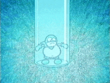 a drawing of a cartoon character in a blue tube .